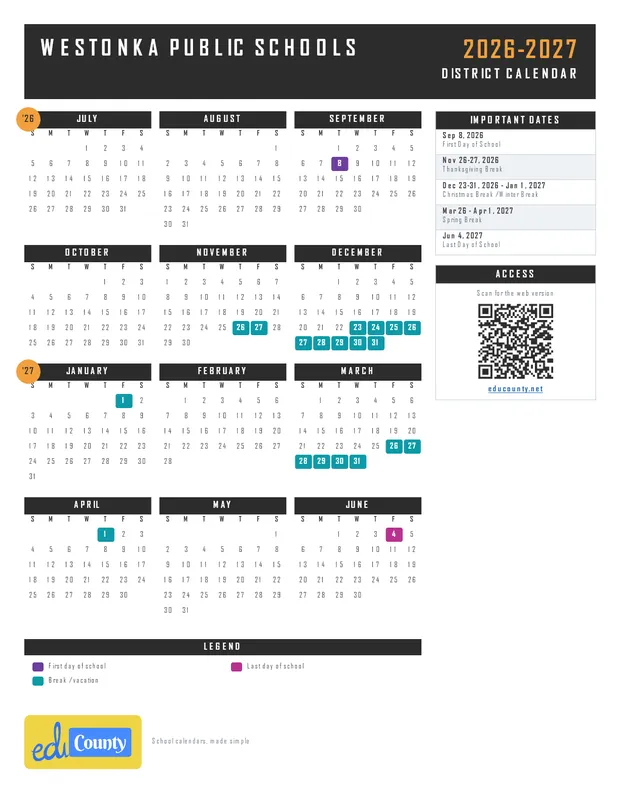 Westonka Public Schools printable 2026-27 calendar