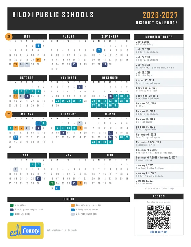 Biloxi Public Schools printable 2026-27 calendar