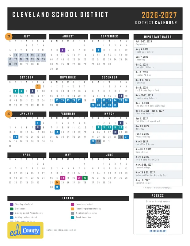 Cleveland School District printable 2026-27 calendar
