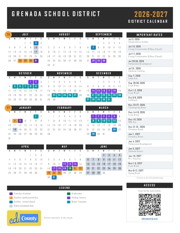 Grenada School District printable 2026-27 calendar