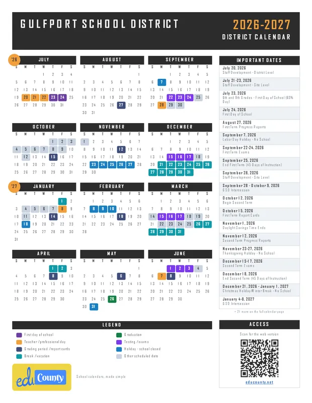 Gulfport School District printable 2026-27 calendar