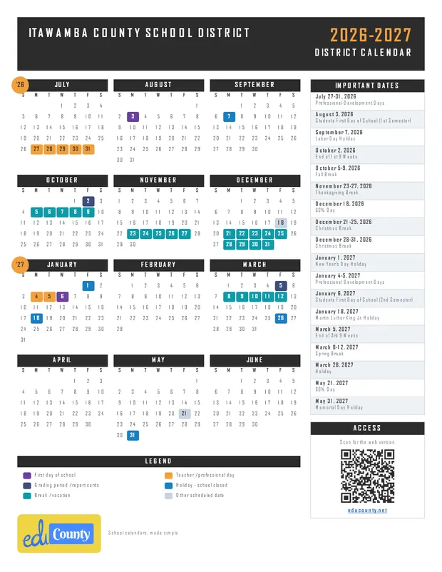 Itawamba County School District printable 2026-27 calendar