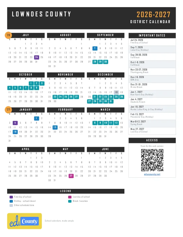 Lowndes County printable 2026-27 calendar