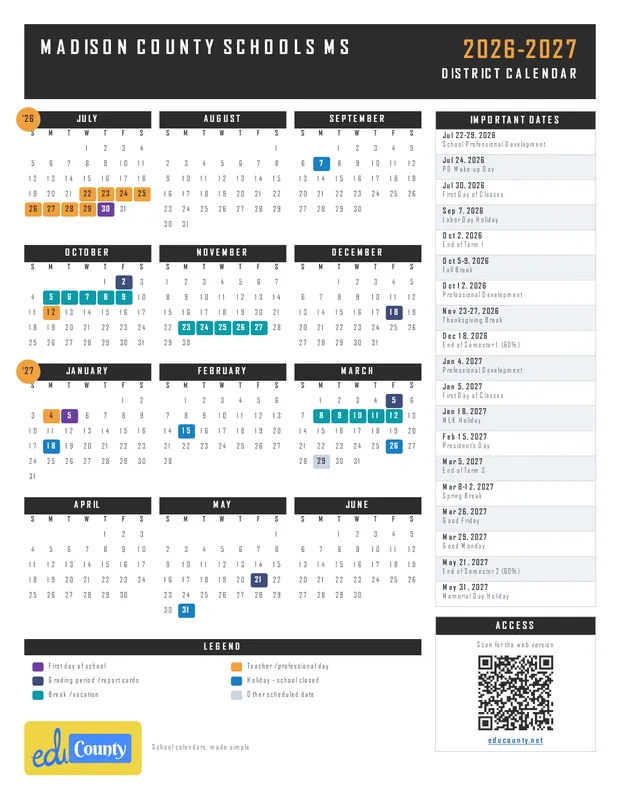 Madison County Schools printable 2026-27 calendar