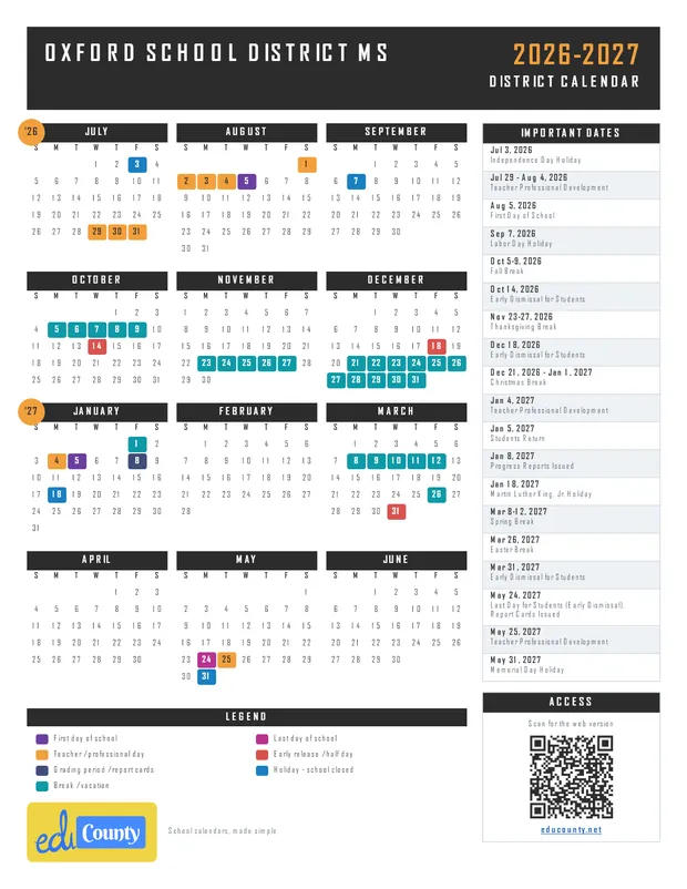 Oxford School District printable 2026-27 calendar