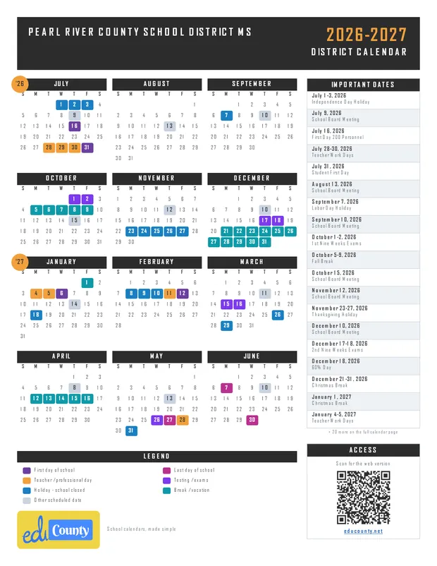 Pearl River County School District printable 2026-27 calendar