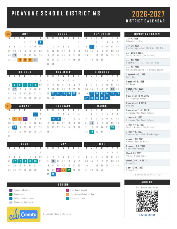Picayune School District printable 2026-27 calendar