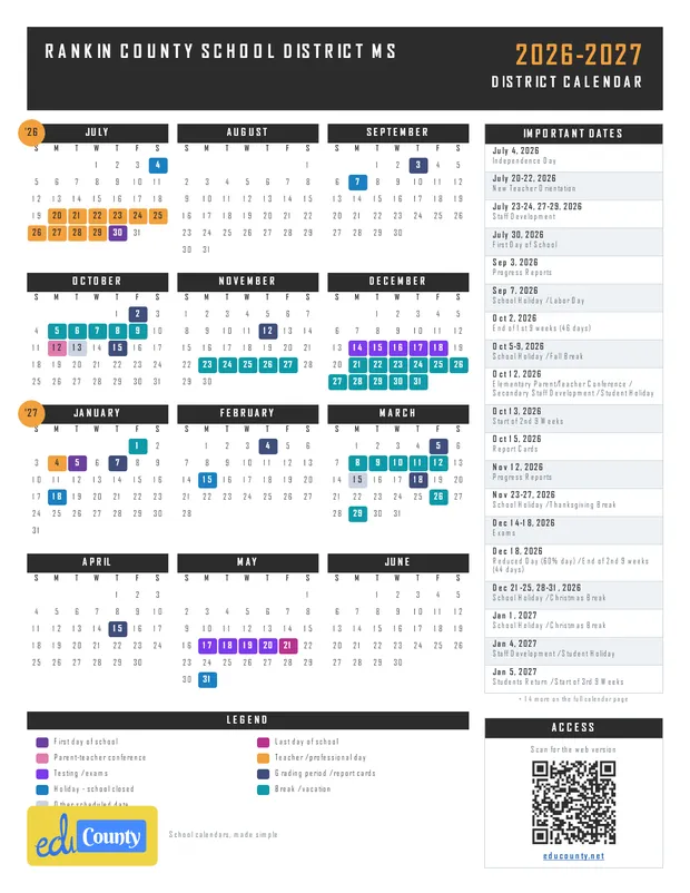 Rankin County School District printable 2026-27 calendar
