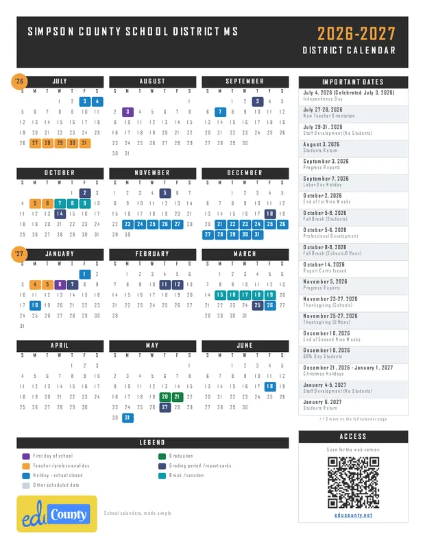 Simpson County School District printable 2026-27 calendar