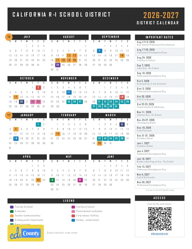 California R-1 School District printable 2026-27 calendar