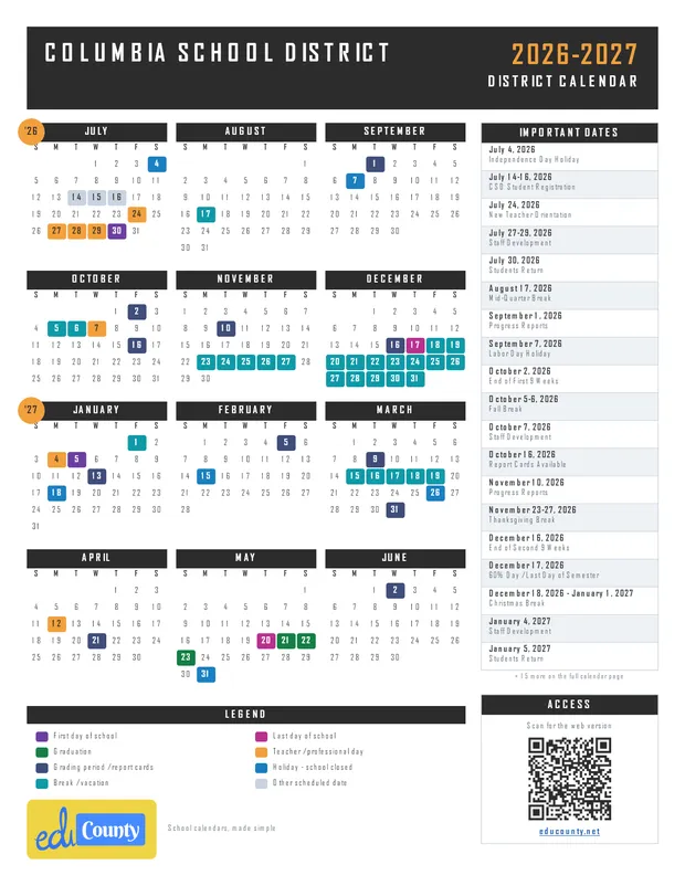 Columbia School District printable 2026-27 calendar