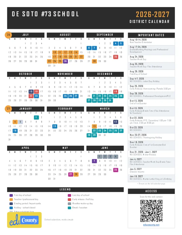 De Soto #73 School printable 2026-27 calendar