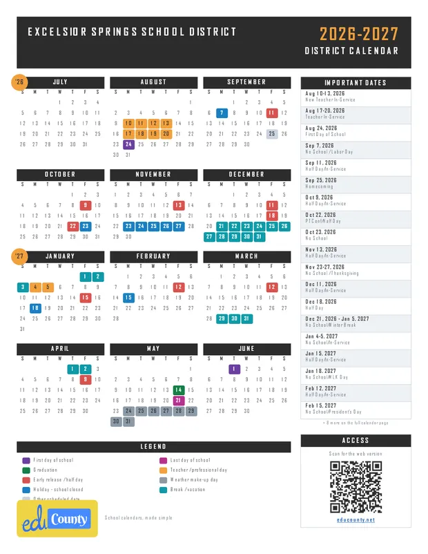 EXCELSIOR SPRINGS SCHOOL DISTRICT printable 2026-27 calendar
