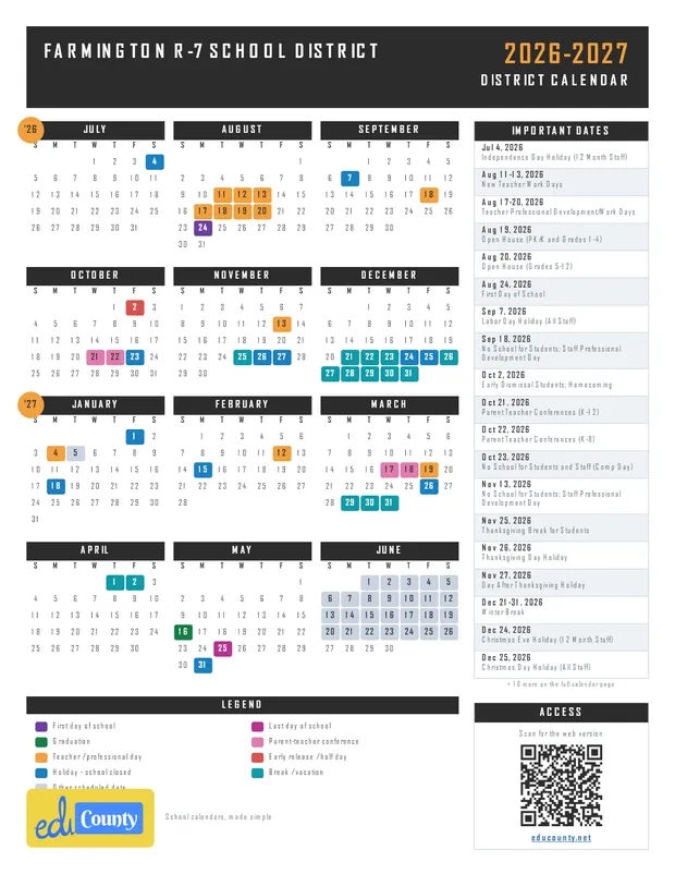 Farmington R-7 School District printable 2026-27 calendar