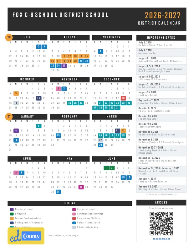 Fox C-6 School District School printable 2026-27 calendar