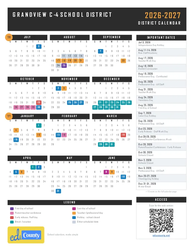 Grandview C-4 School District printable 2026-27 calendar