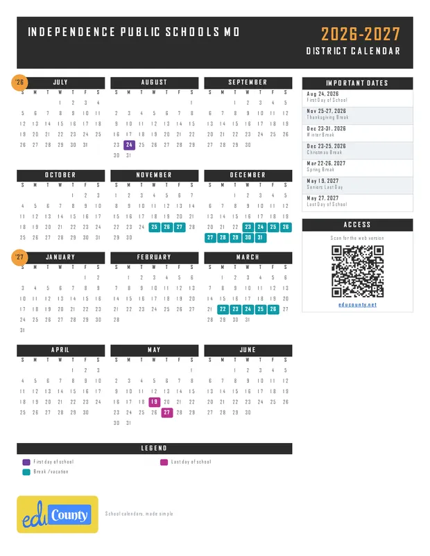 Independence Public Schools printable 2026-27 calendar
