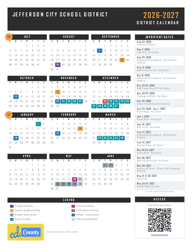 Jefferson City School District printable 2026-27 calendar