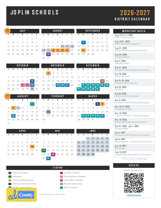 Joplin Schools printable 2026-27 calendar