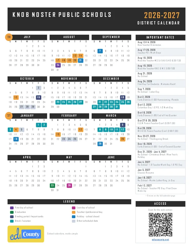 Knob Noster Public Schools printable 2026-27 calendar