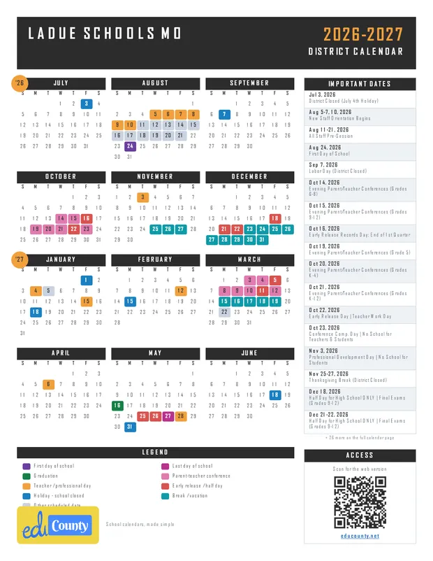 Ladue Schools printable 2026-27 calendar