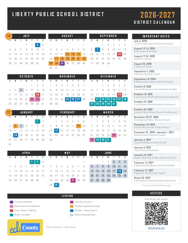 Liberty Public School District printable 2026-27 calendar