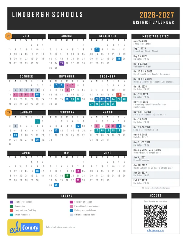 Lindbergh Schools printable 2026-27 calendar