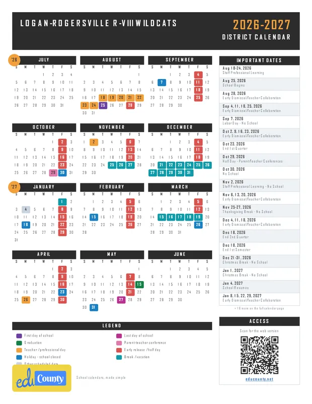 Logan-Rogersville R-VIII Wildcats printable 2026-27 calendar
