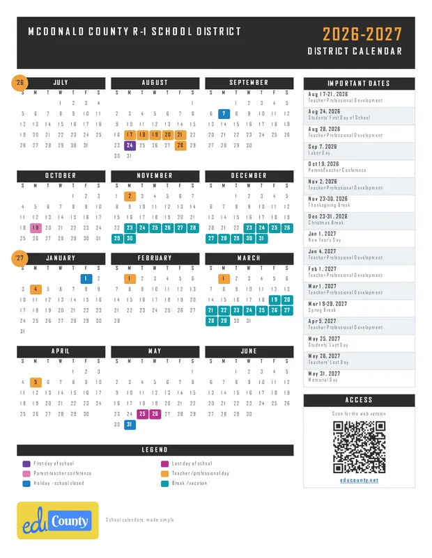 McDonald County R-1 School District printable 2026-27 calendar