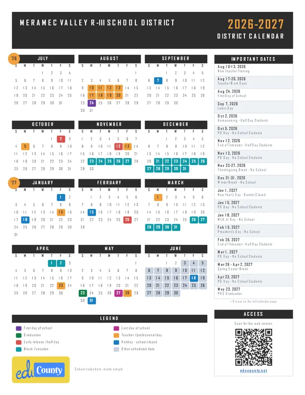 Meramec Valley R-III School District printable 2026-27 calendar