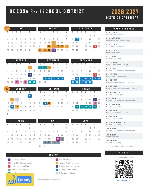 Odessa R-VII School District printable 2026-27 calendar