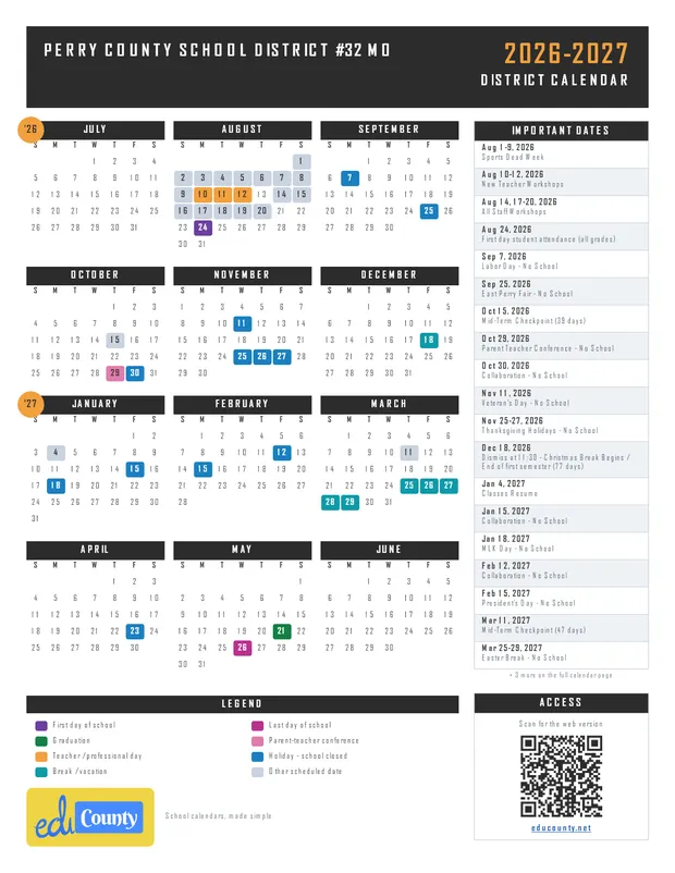 Perry County School District #32 printable 2026-27 calendar