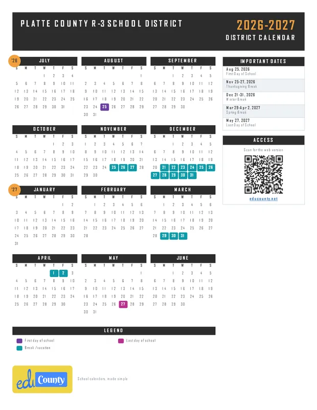 Platte County R-3 School District printable 2026-27 calendar