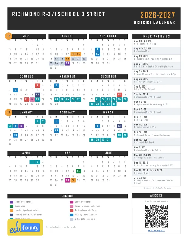RICHMOND R-XVI SCHOOL DISTRICT printable 2026-27 calendar