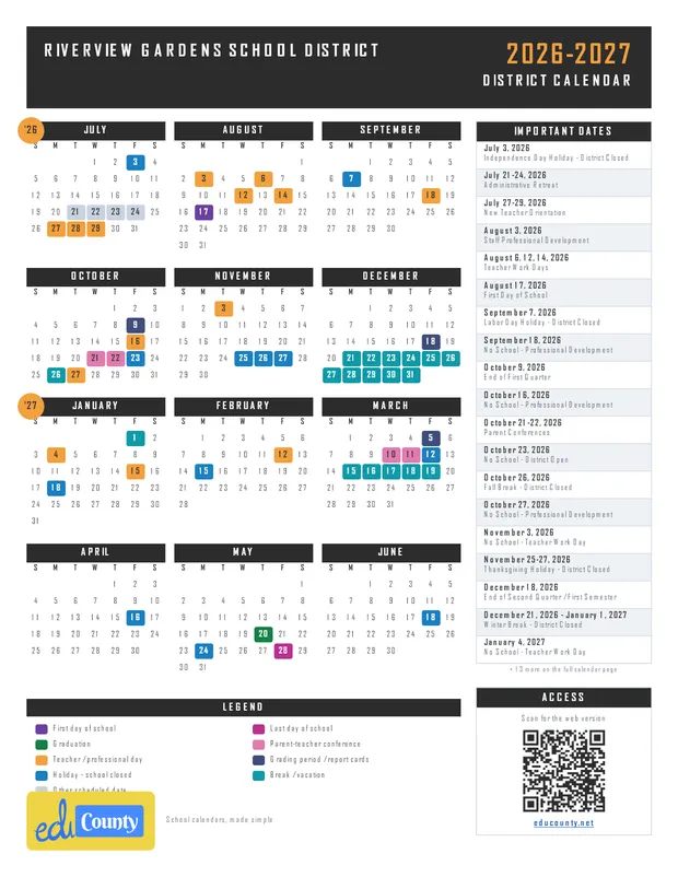 Riverview Gardens School District printable 2026-27 calendar