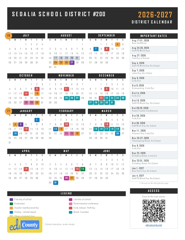 Sedalia School District #200 printable 2026-27 calendar