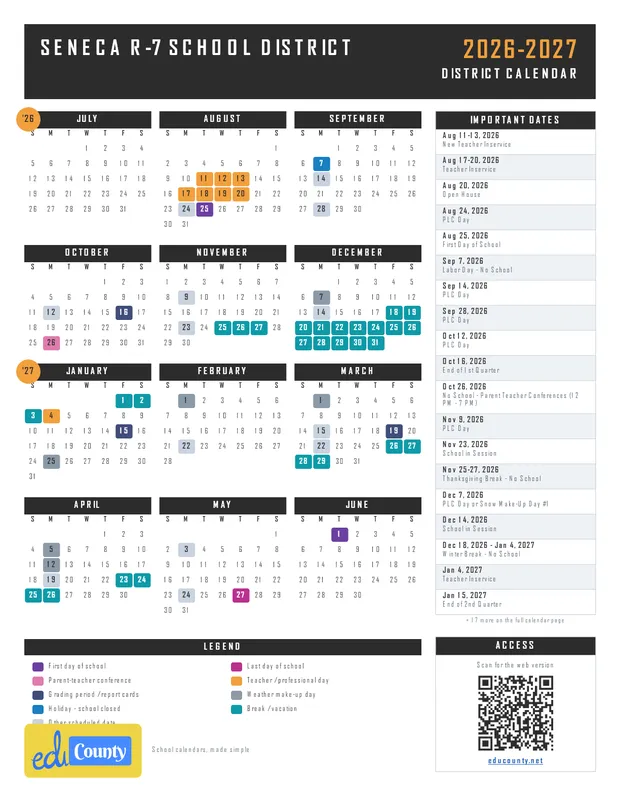 Seneca R-7 School District printable 2026-27 calendar