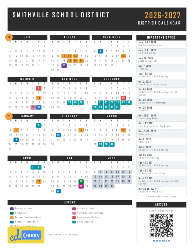 Smithville School District printable 2026-27 calendar