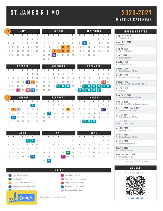 St. James R-1 printable 2026-27 calendar