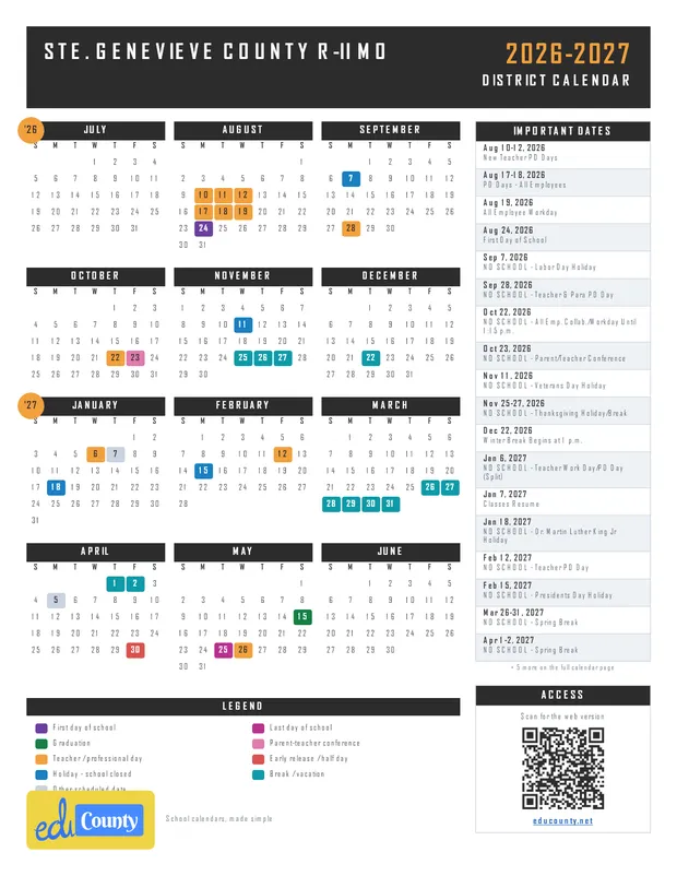 Ste. Genevieve County R-II printable 2026-27 calendar