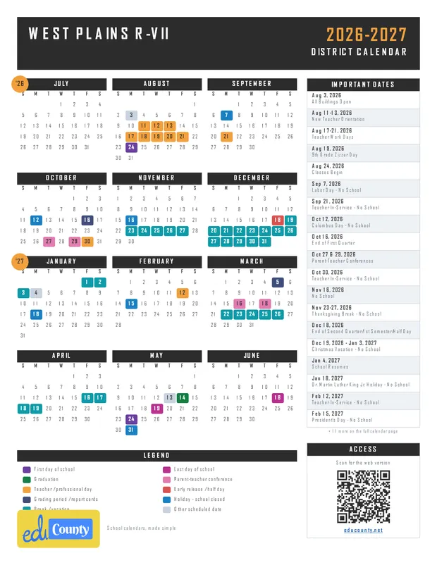 West Plains R-VII printable 2026-27 calendar