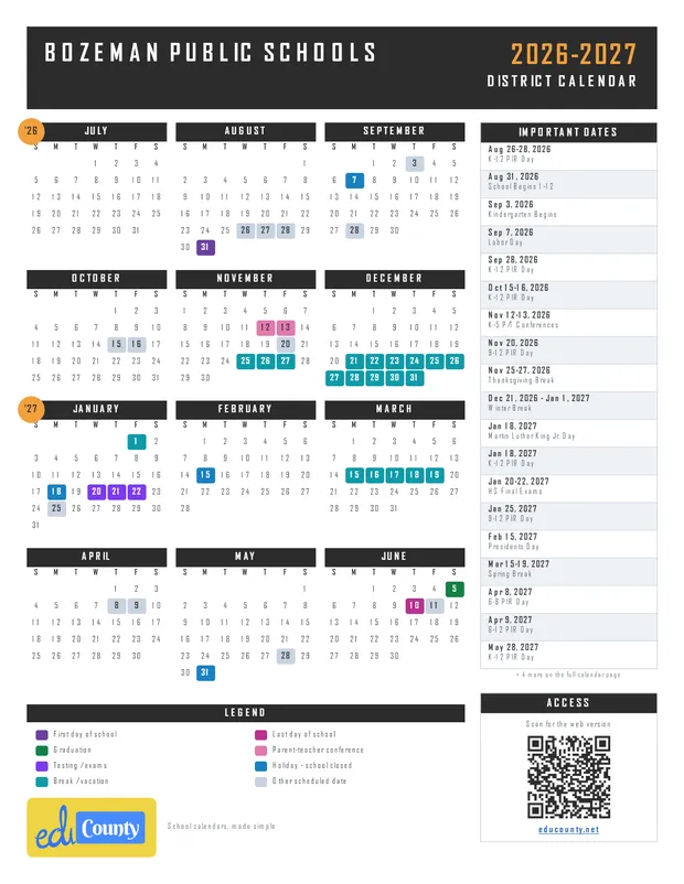 Bozeman Public Schools printable 2026-27 calendar