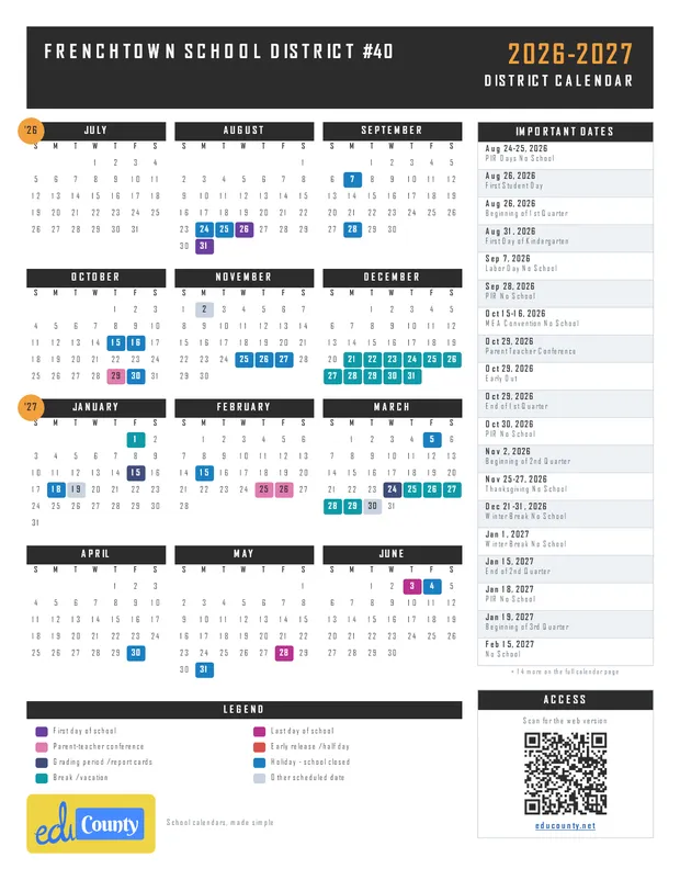 Frenchtown School District #40 printable 2026-27 calendar
