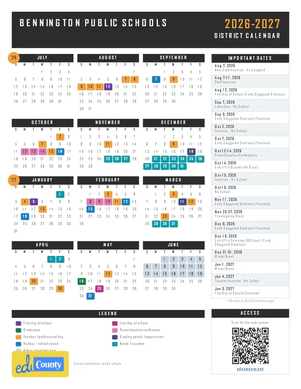 Bennington Public Schools printable 2026-27 calendar