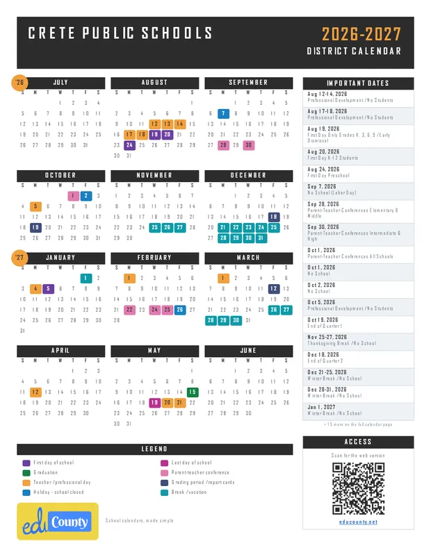 Crete Public Schools printable 2026-27 calendar