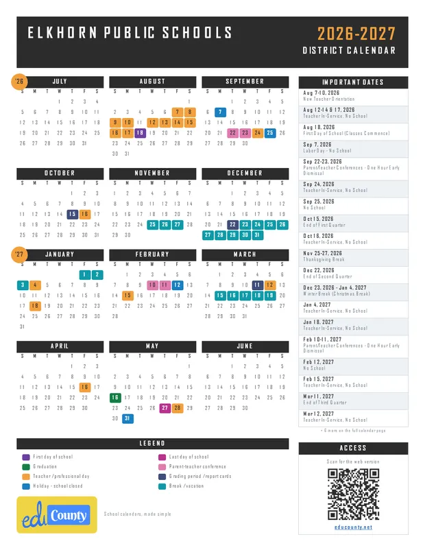 Elkhorn Public Schools printable 2026-27 calendar