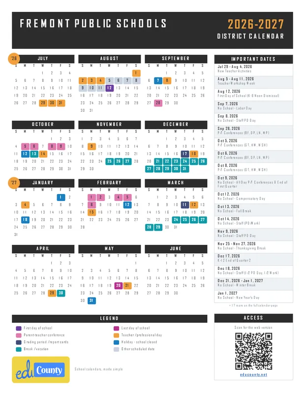 Fremont Public Schools printable 2026-27 calendar