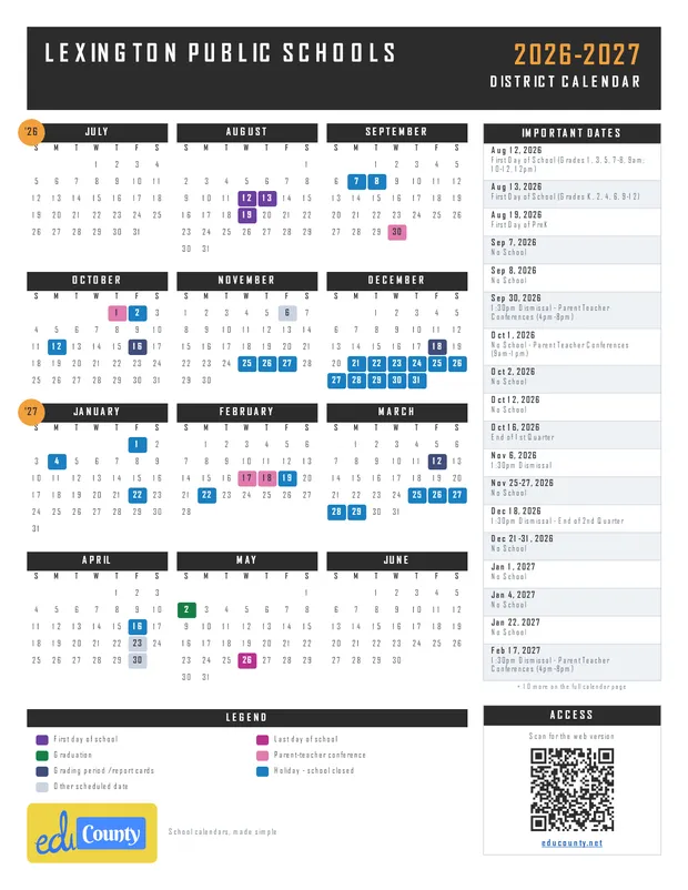 Lexington Public Schools printable 2026-27 calendar