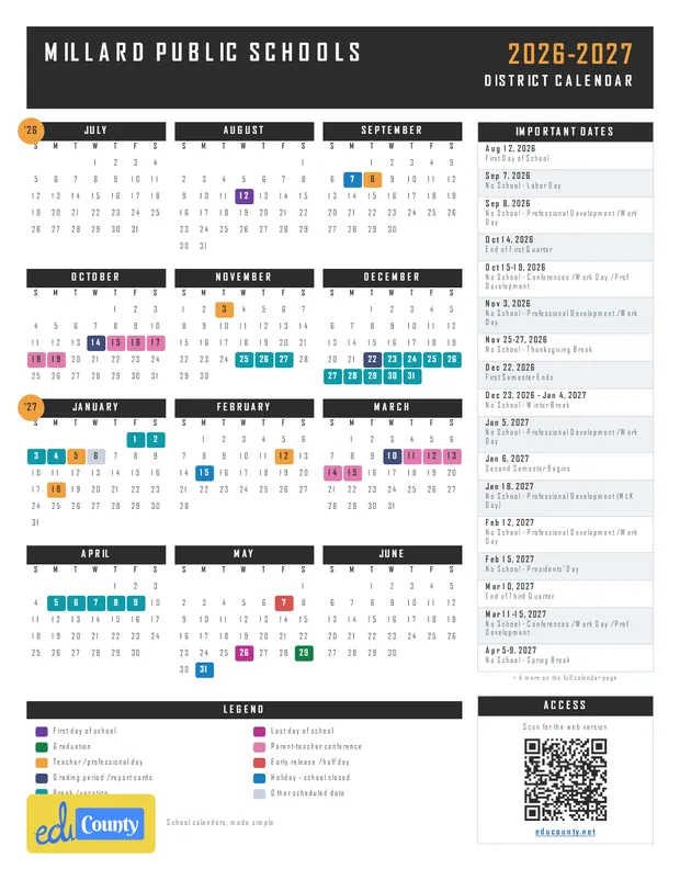 Millard Public Schools printable 2026-27 calendar