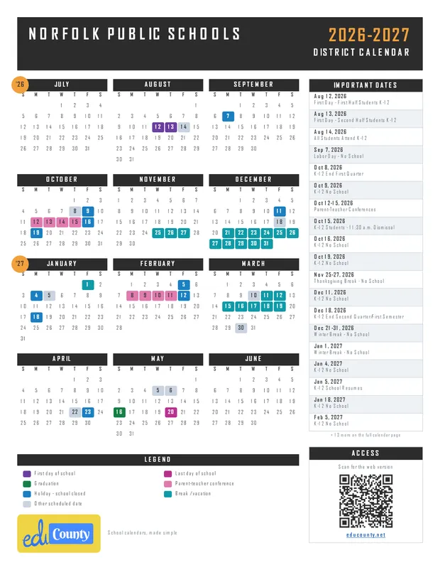 Norfolk Public Schools printable 2026-27 calendar